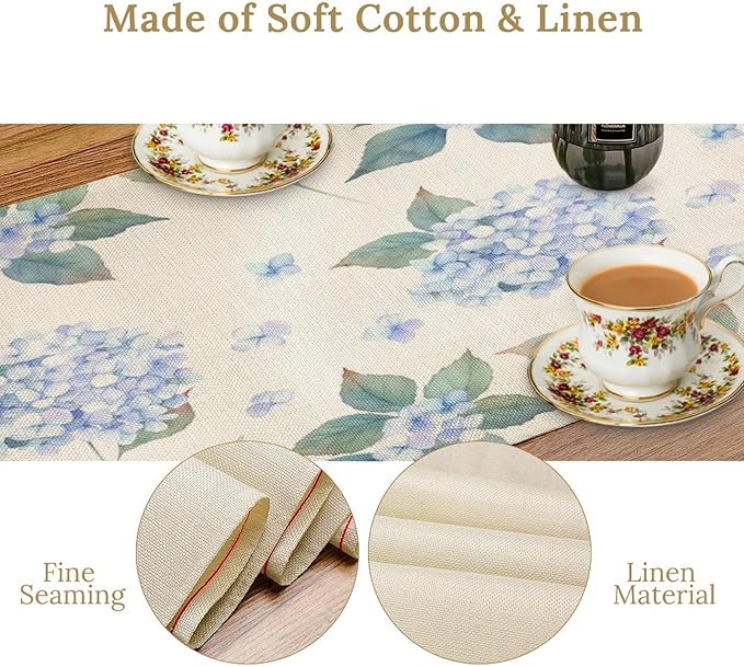 Spring Hydrangea Flower Table Runner, Seasonal Summer Plants Watercolor Blue Florals Dinner Runner for Home Kitchen Dining Table Party Holiday Decoration 13"x70"