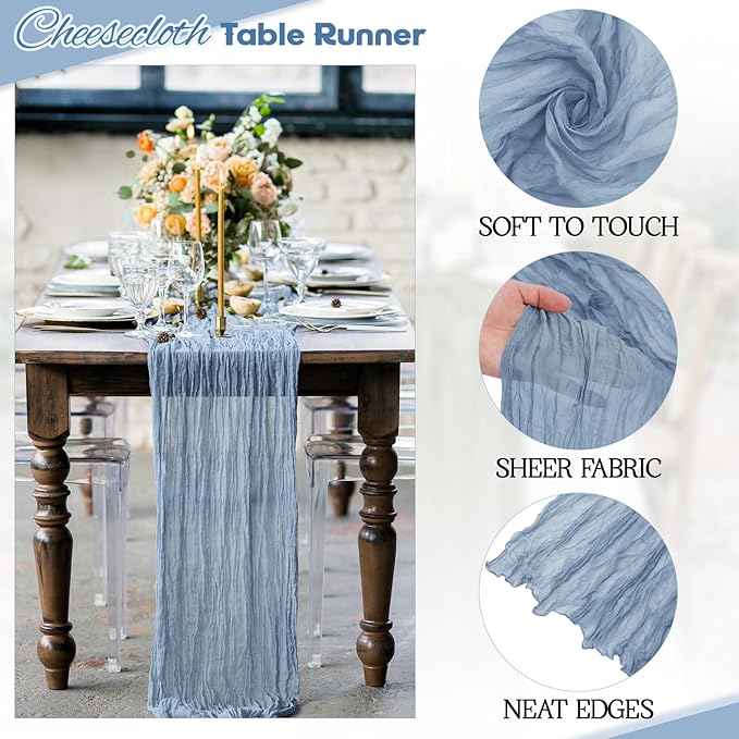 Aktor 4 Pack Dusty Blue Table Runner Boho Cheesecloth Table Runner Semi Sheer Gauze Fabric Runners for Wedding Birthday Baby Shower Party Boho Table Decoration（Dusty Blue）