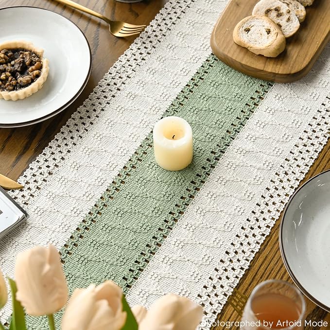 Artoid Mode Light Green Farmhouse Rustic Table Runner, Seasonal Holiday Hollow Kitchen Dining Table Decoration for Home Party Decor 12x48 Inch