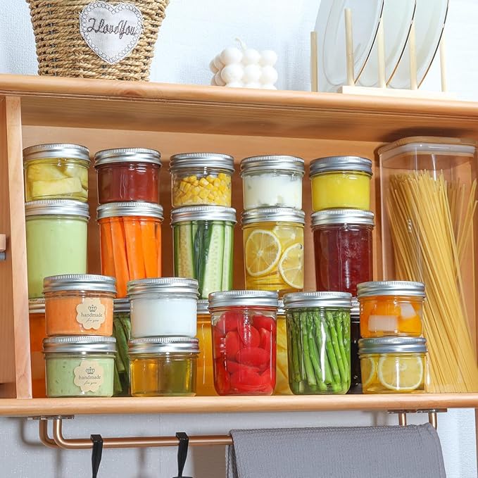 ComSaf Small Regular Mouth Mason Jars 4 oz, 24 Pcs Mini Mason Containers, Small Canning Jars, 4 oz Glass Jar with Lids for Mustards, Dipping Sauces, Jelly, DIY Candle Decor, Wedding Shower Favors