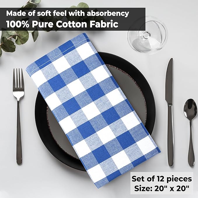Cloth Dinner Napkins, 100% Cotton Checkered Blue and White, 20x20 Inch