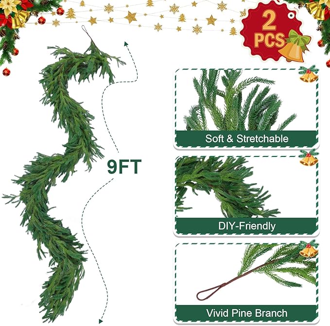 Garlands, Green Plastic Norfolk Pine Style, Set of 2 at 9 Ft Each