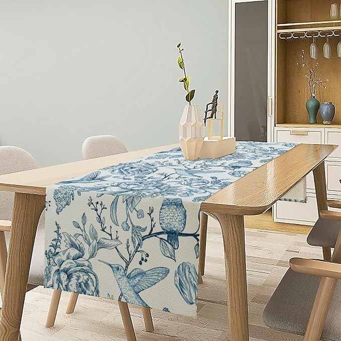 Blue White Table Runner Retro Monochrome Sketch Birds Flower Vintage Floral Kitchen Dining Table Decoration for Home Party Holiday 13"x36"