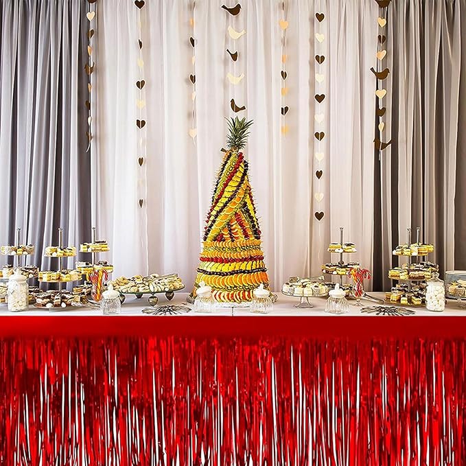 4 Pack Metallic Foil Fringe Tinsel Table Skirts,29x108 Inch Party Disposable Table Skirt Banner for Hotel Banquet Parade Floats Mardi Gras Holiday Birthday Wedding New Year Party Decoration(Red)