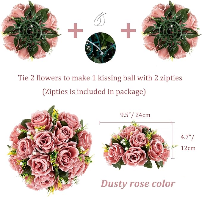 BLOSMON Flower Ball Centerpieces for Wedding: 10 Pcs Dusty Pink Fake Roses Flowers Artificial for Table - Silk Kissing Bouquet Floral Arrangement Center for Home Party Event Decor