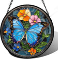 Stained Glass Window Hanging, Blue Butterfly Flower Suncatcher for Doors Home Sun Catchers Decoration and Christmas, Mother's Day Birthday Gifts for Women, Men, and Mom 14.9 in