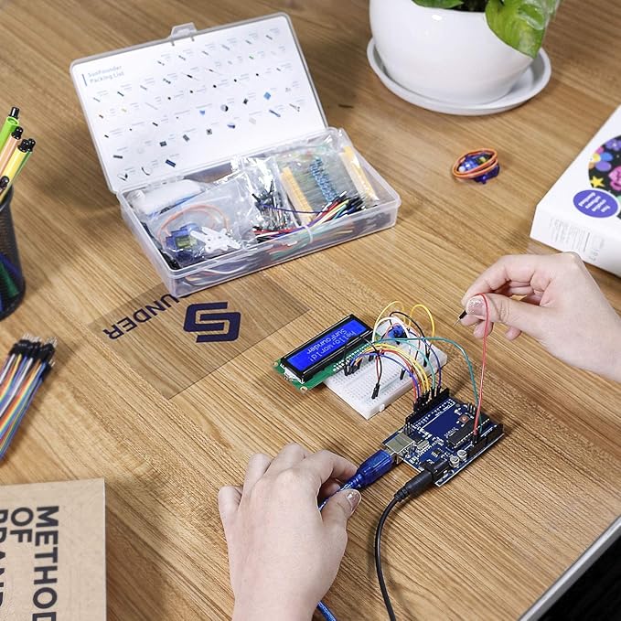 SUNFOUNDER Electronics Fun Kit with 1602 LCD Module, Breadboard, LED, Resistor for Arduino UNO Mega Gold Raspberry Pi