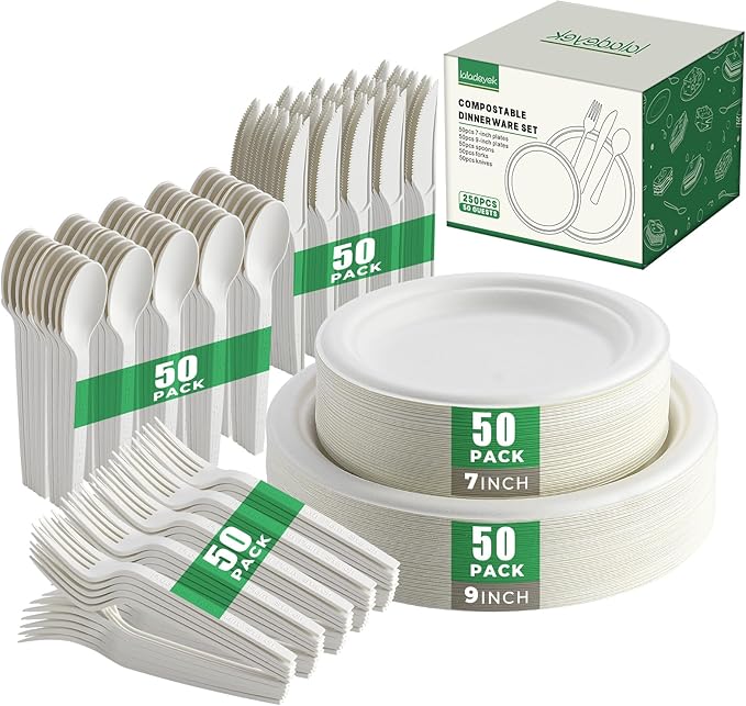 Disposable Plates Set, 250 Pcs White Round Bagasse Dinnerware