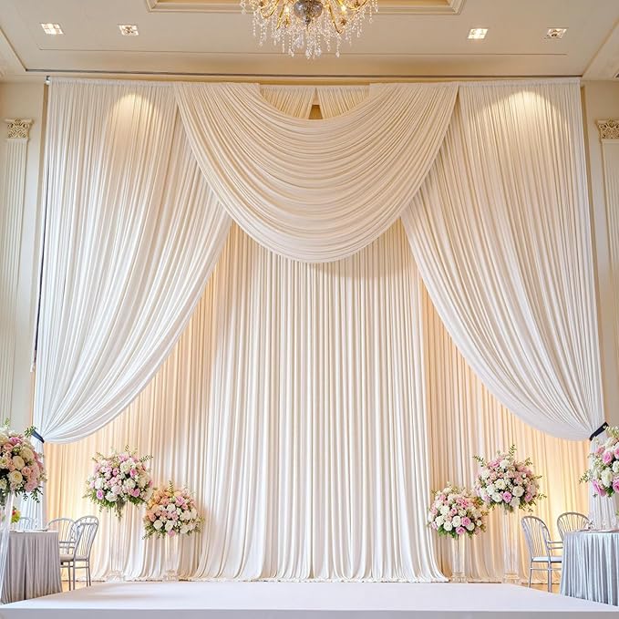 10ft x 15ft Ivory Wrinkle Free Backdrop Curtains for Parties,Silky Polyester Fabric Wedding Ceiling Drapes, 2 Panels 15ft Photo Back Drop Drapes for Baby Shower Photography Stage Background Cloth
