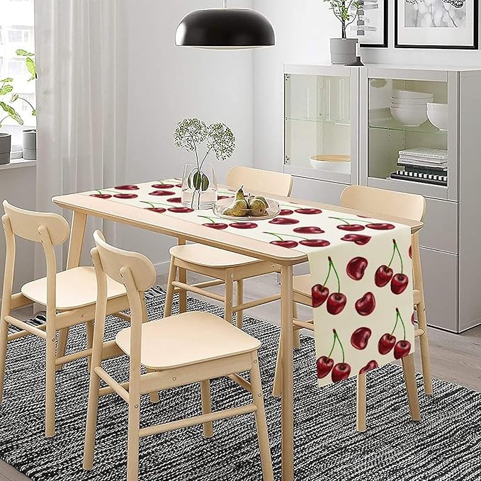 Red Cherry Table Runner Watercolor Spring Summer Wild Berry Tropical Fruit Theme Dinner Runner for Girl Baby Shower Party Holiday Home Kitchen Dining Table Decor 13x108