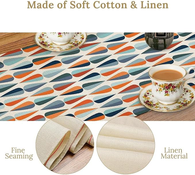Mid Century Table Runner, Modern Style Retro Pattern Droplet Shapes Mosaic Tones Pattern Print for Home Kitchen Table Decor Dining Coffee Room Party Decor 13x72in