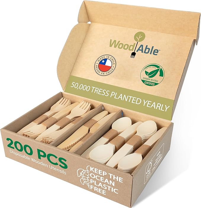 Wooden Forks, Spoons and Knives Party Set, 200 Count, Compostable