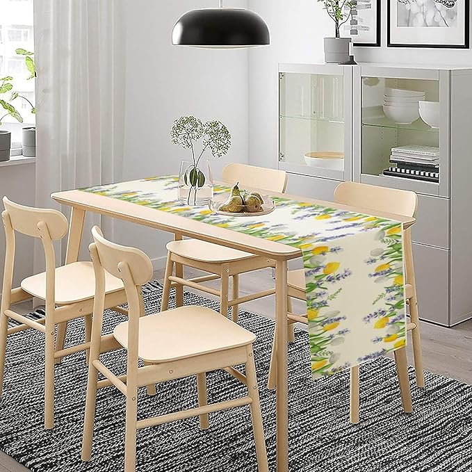 Floral Tulip Lavender Table Runner, Spring Watercolor Flower Plants Nature Butterfly Table Runner for Kitchen Dinner Living Room Home Party, 13x120 Inch