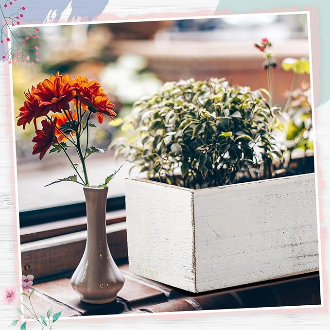 Planter Boxes Set of 4, White Rustic Wood Centerpiece Boxes with Liners