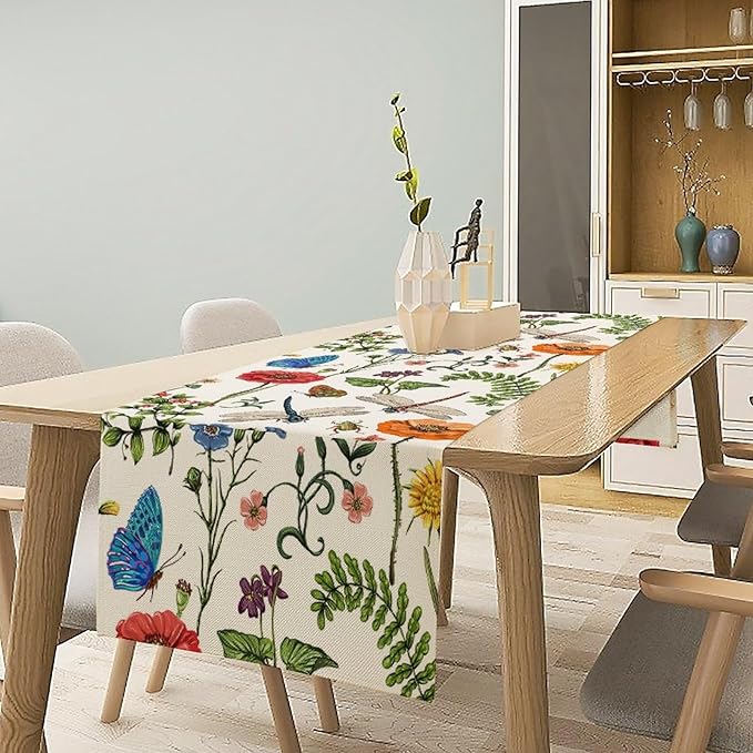 Vintage Botanical Flowers Table Runner, Seasonal Summer Plants Florals Butterfly Dinner Runner for Home Kitchen Dining Table Party Holiday Decoration 13"x36"