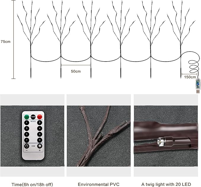 MENCH Branch Lights,6 Pcs Twig Light USB&Battery Powered 8 Flashing Modes by Remote Control.Branch Lights for Indoor, Light Up Decorations for Halloween Day and Christmas,Blue