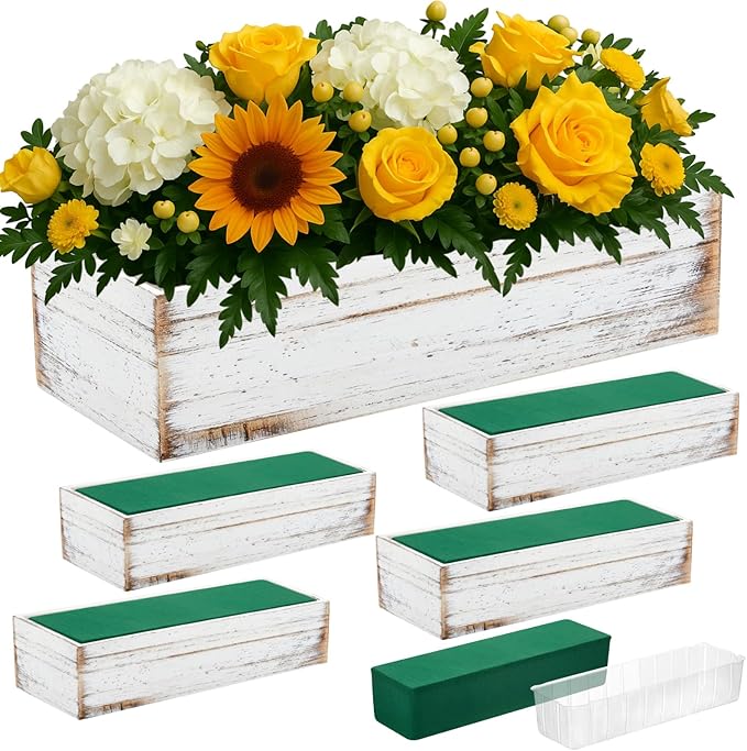 Wood Planter Boxes 5 Pack, Rustic White with Plastic Liners
