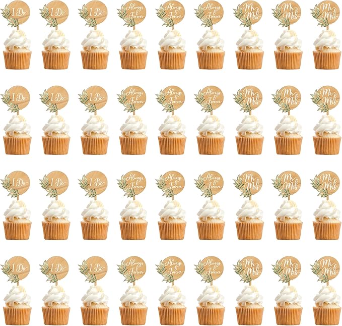 Non-Edible Wood Cupcake Toppers, 36 Count Green Leaf Mr and Mrs Wedding Set