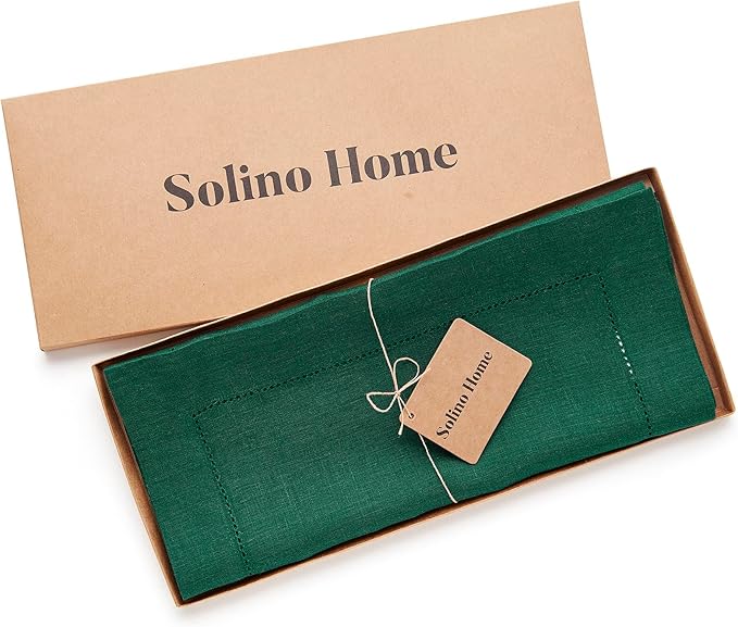 Solino Home Linen Rainforest Green Hemstitch Table Runner 48 Inches - 100% Pure Linen Small Table Runner 14 x 48 Inch Ideal for Dresser and Coffee Tables - Classic Hemstitch - Christmas, Thanksgiving