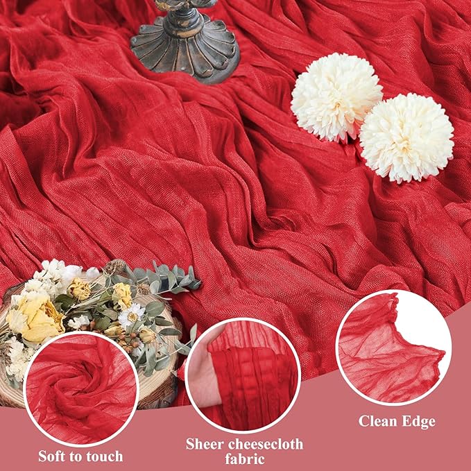 Asee'm Fall Table Runner Cheesecloth 10FT Red Boho Gauze Fabric Rustic Sheer Cheese Cloth Runners for Thanksgiving Wedding Bridal Shower Party Decoration