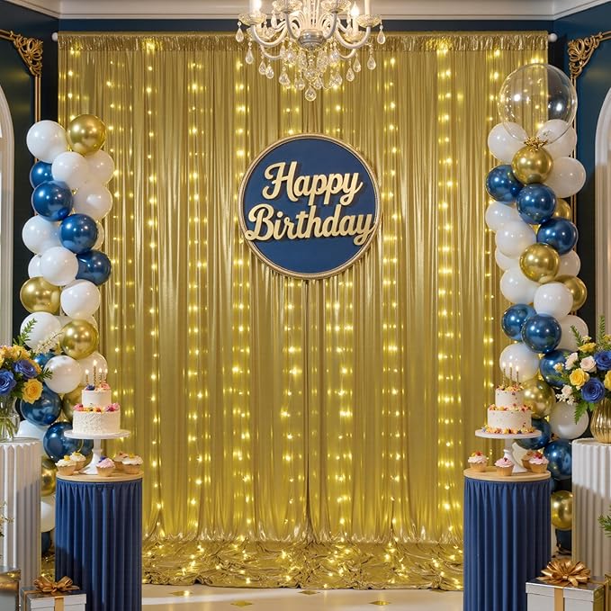 20x10 ft Gold Sequin Backdrop Curtain with Lights for Parties, Wrinkle Free Glitter Photo Backdrop Drapes Shimmer Back Drop Cloth with Light Strings for Wedding Birthday Photography Background