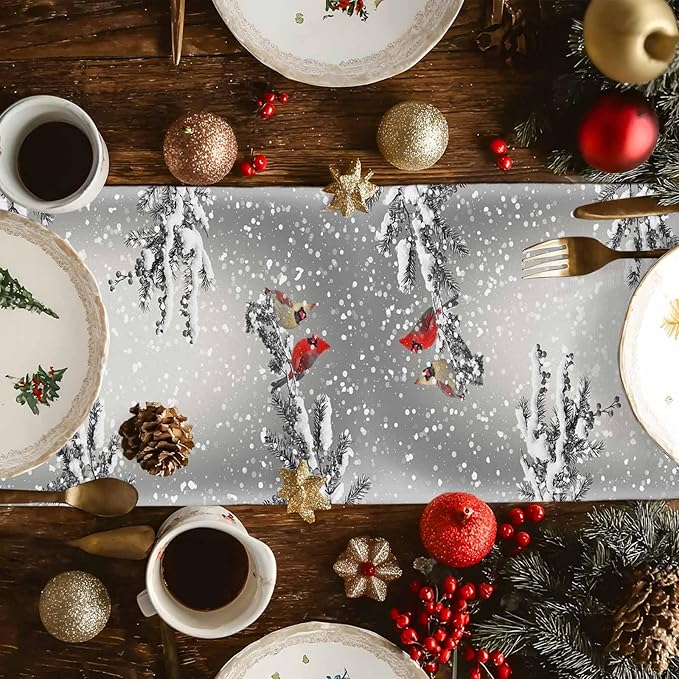 Christmas Snowman Cotton Linen Table Runner for Dining Kitchen, Snowflakes Xmas Pine Tree Wedding Outdoor Party Tablerunner Decoration Winter Bird Dresser Scarf Coffee Tablecloth Runners 13x60 Inches