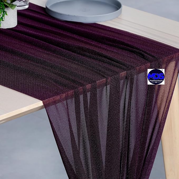 MDS 25 Pack 10ft Chiffon Table Runner 29 x 120 Inches Sheer Wedding Runner Romantic Rustic Table Runner for Wedding Decorations, Birthday Parties, Bridal Shower Party Arch Decor - Eggplant