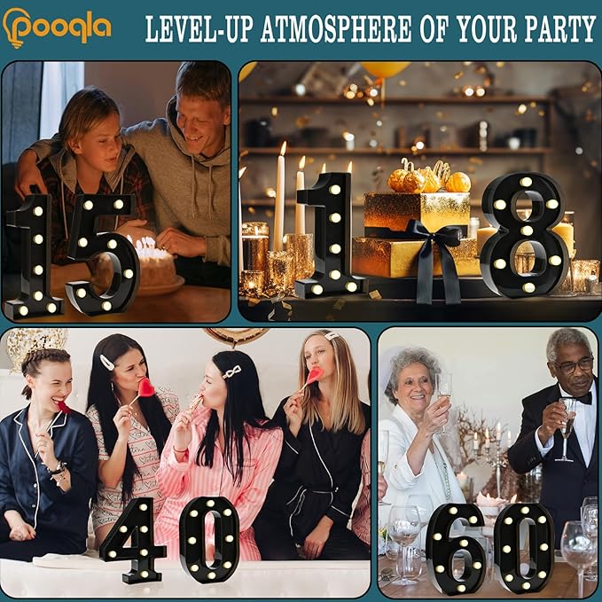 Pooqla Decorative Led Light Up Number Letters, Black Plastic Marquee Number Lights Sign for 3th 13th Birthday Party Wedding Decor Battery Operated Black Decoration 3