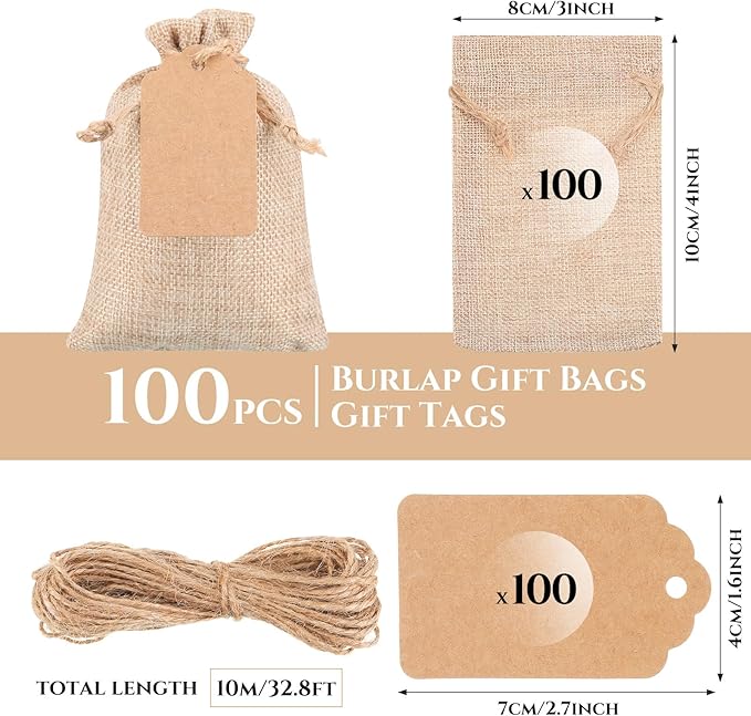 Gift Bags Burlap Drawstring Favor Bags with Kraft Paper Tags, 100 Count