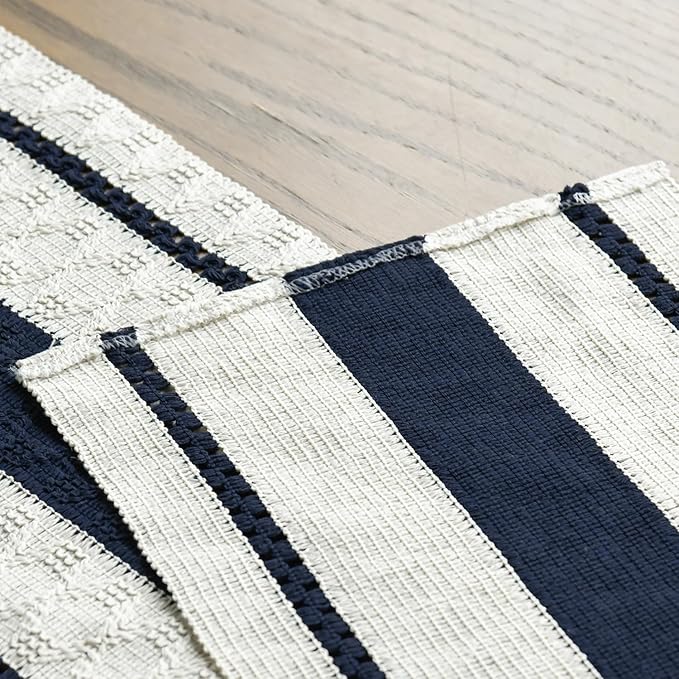 Artoid Mode Dark Blue Farmhouse Woven Rustic Table Runner, Seasonal Holiday Hollow Kitchen Dining Table Decoration for Home Party Decor 12x120 Inch
