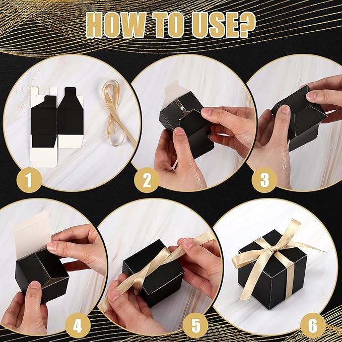 Jutom 100 Pcs Mini Favor Boxes Extra Small Candy Boxes Paper with Gold Ribbon for Christmas Thanksgiving Day Birthday Wedding Anniversary Supplies(3 x 3 x 3 Inch,Black)