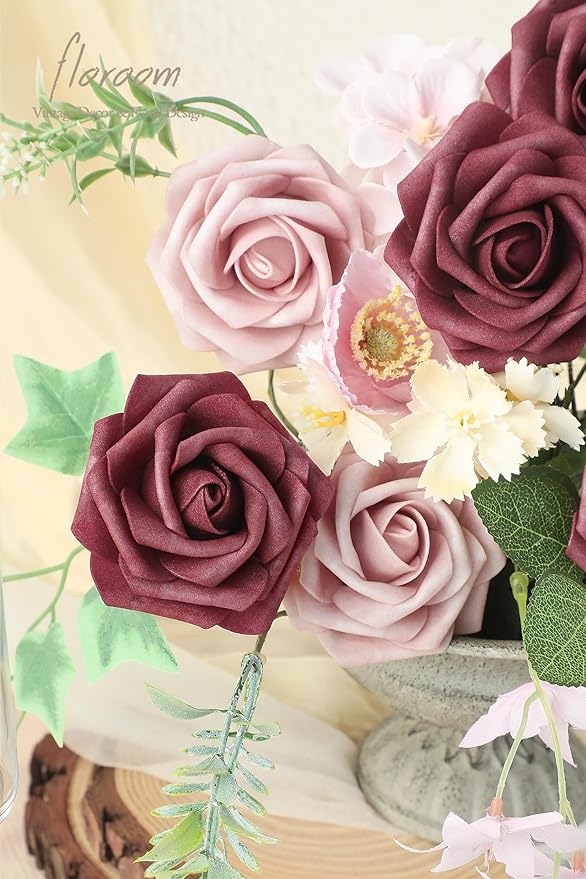 Floroom Artificial Flowers 25pcs Real Looking Cinnamon Rose & Shabby Pink Foam Fake Roses with Stems for DIY Wedding Bouquets Bridal Shower Centerpieces Floral Arrangements Party Tables Decorations