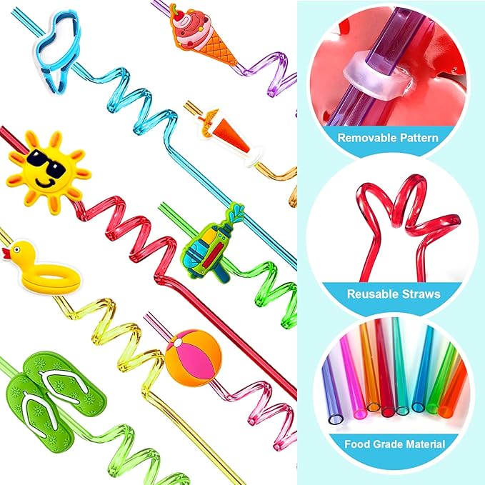 Straws 24 Count Beach Curly Straws in 8 Colors, Reusable Plastic