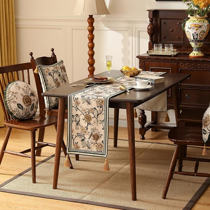 ISAENNE Designer Vintage Beige Linen Table Runner 71 Inches Long,Elegant Floral and Bird Pattern Decor Table Runners for Dining Tables,Thanksgiving,Christmas,Banquet,Party,12"*71"-Murad A