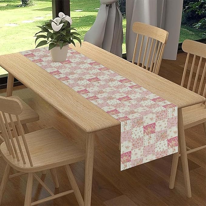 Patchwork Table Runner, Boho Vintage Pink Wildflowers Bohemian Paisley Flower Farmhouse Table Center Decor for Home Kitchen Dining Patio Holiday Party Indoor Outdoor Table Decorations, 13"x72" Inch