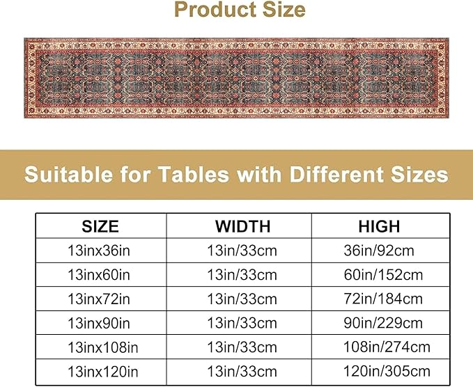 Vintage Boho Floral Table Runner, Rustic Country Farmhouse Red Teal Retro Flower Pattern for Home Kitchen Table Decor Dining Coffee Room Party Decor 13x108in