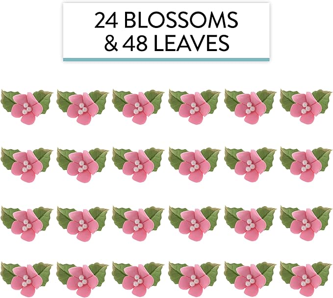 Edible Cake Toppers: Small Pink Gumpaste Flowers and Leaves, 72 Pieces