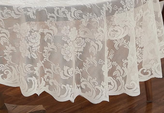 LinenZone Ivory Round Tablecloth for Rustic Vintage Decor. Sheer Lace Table Cloth Works Great As Wedding Tablecloth or Thanksgiving Table Cover. (Mia 60 Round, Ivory)