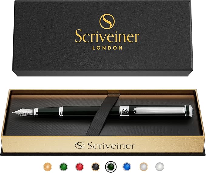 Scriveiner Black Green Fountain Pen - Stunning Luxury Pen with Chrome Finish, Schmidt Nib (Medium), Best Pen Gift Set for Men & Women, Professional, Executive, Office, Nice Pens