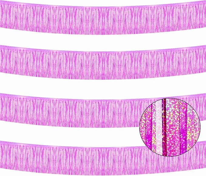 4 Pack Total 40 Feet Foil Fringe Garland Lilac Metallic Wall Hanging Drapes Tassel Skirting Tinsel Streamers for Parade Float Trailer Mardi Gras Party Birthday Wedding (Iridescent Purple)