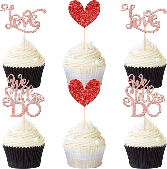 24 PCS We Still Do Cupcake Toppers Glitter Love Heart Bridal Shower Cupcake Picks for Wedding Engagement Bridal Shower Theme Party Cake Decorations Supplies Rose Gold
