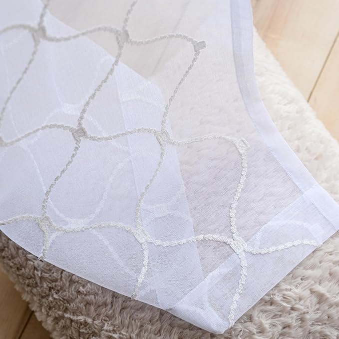 Embroidered Wave Diamond Sheer Curtains White 95 Inches, Window Treatments Rod Pocket Drapes for Living room, Bedroom, Semi Voile Curtain Panels for Yard, Patio, Villa, Parlor, Set of 2, 52"x95".
