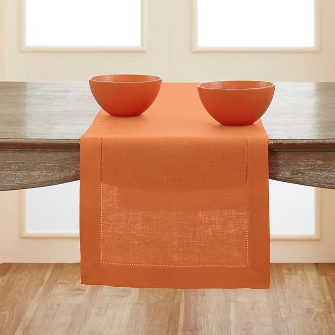 Solino Home Linen Pumpkin Hemstitch Table Runner 36 Inches - 100% Pure Linen Small Table Runner 14 x 36 Inch Ideal for Dresser and Coffee Tables - Classic Hemstitch - Fall, Halloween, Thanksgiving