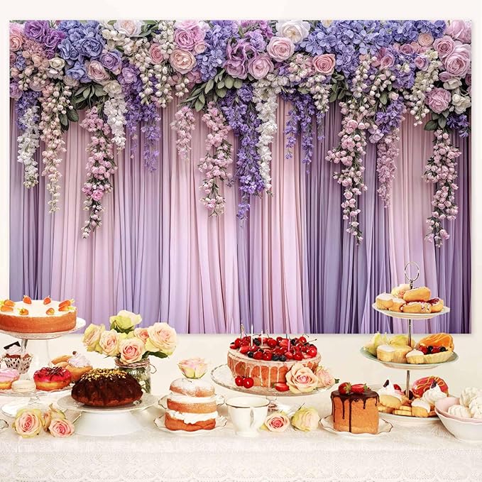 12x10ft Purple Flower Wedding Photography Backdrop Lavender Floral Wedding Bridal Photography Backdrop Anniversary Birthday Baby Shower Girl Party Banner Photo Booth Props Background Wall Decor