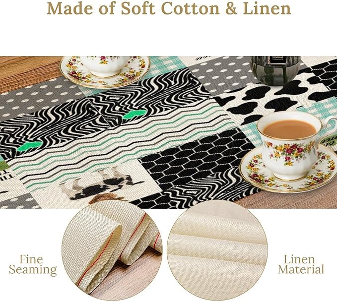 Cute Cow Print Table Runner,Farm Animals Honeycomb Plaid Stripes Cowhide Pattern Tablecloth Burlap for Hotel Indoors Outdoor Dining Room Kitchen Table Decor, 13x108in