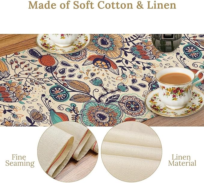 Boho Floral Table Runner,Vintage Flowers Tropical Plants Country Style Table Cloth Kitchen Dining Table Home Party Decoration 13x36 Inch
