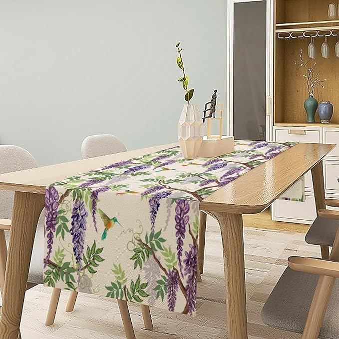Vintage Bird Flower Table Runner Seasonal Spring Purple Wisteria Garden Plants Lavender Florals Farmhouse Country Kitchen Dinner Runner Dining Table Decoration for Home Party Holiday 13"x120"