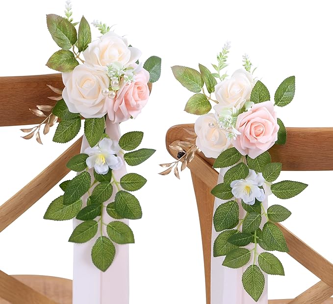 Artificial Pink Rose Wedding Aisle Flowers, 10 Pieces with Chiffon Ribbon