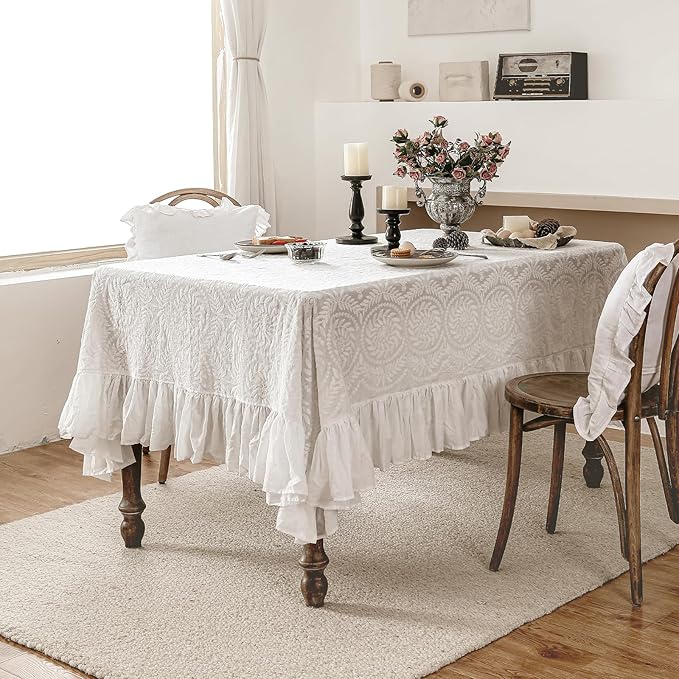 patdrea Vintage Ruffle Tablecloth for Rectangle Tables,Farmhouse Embroidered Cotton White Lace Table Cloth Cover Decor for Dining Room Wedding Banquet Thanksgiving Christmas,63"*106"