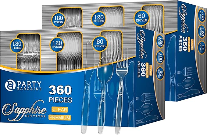 Plastic Cutlery Set, 720 Pieces in Clear Sapphire, Forks, Spoons and Knives